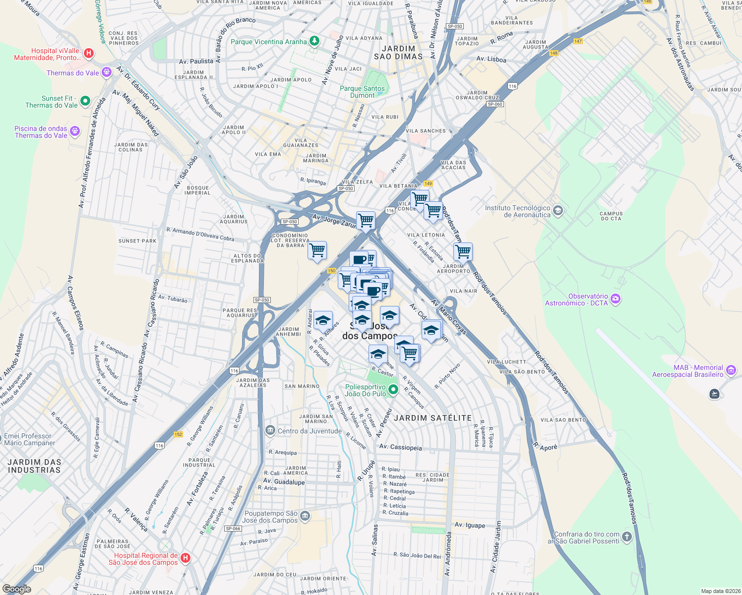 map of restaurants, bars, coffee shops, grocery stores, and more near 9403 Avenida Deputado Benedito Matarazzo in São José dos Campos