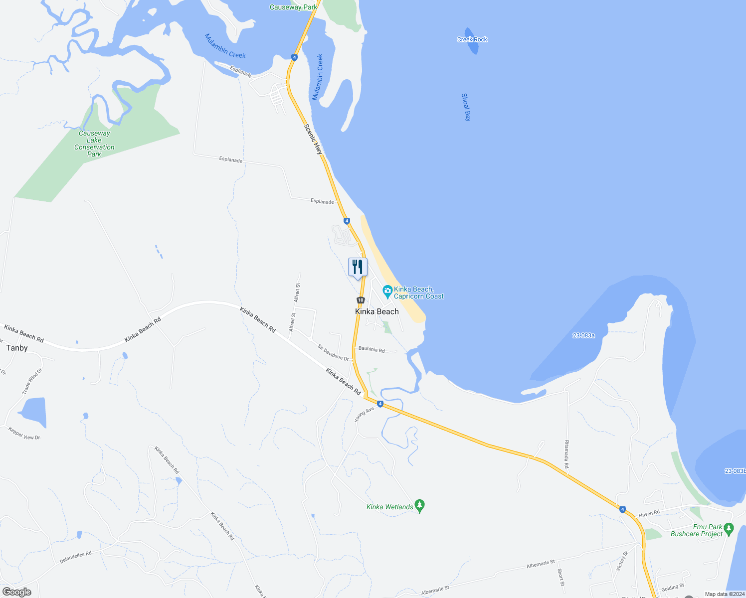 map of restaurants, bars, coffee shops, grocery stores, and more near 17 Gardenia Street in Kinka Beach