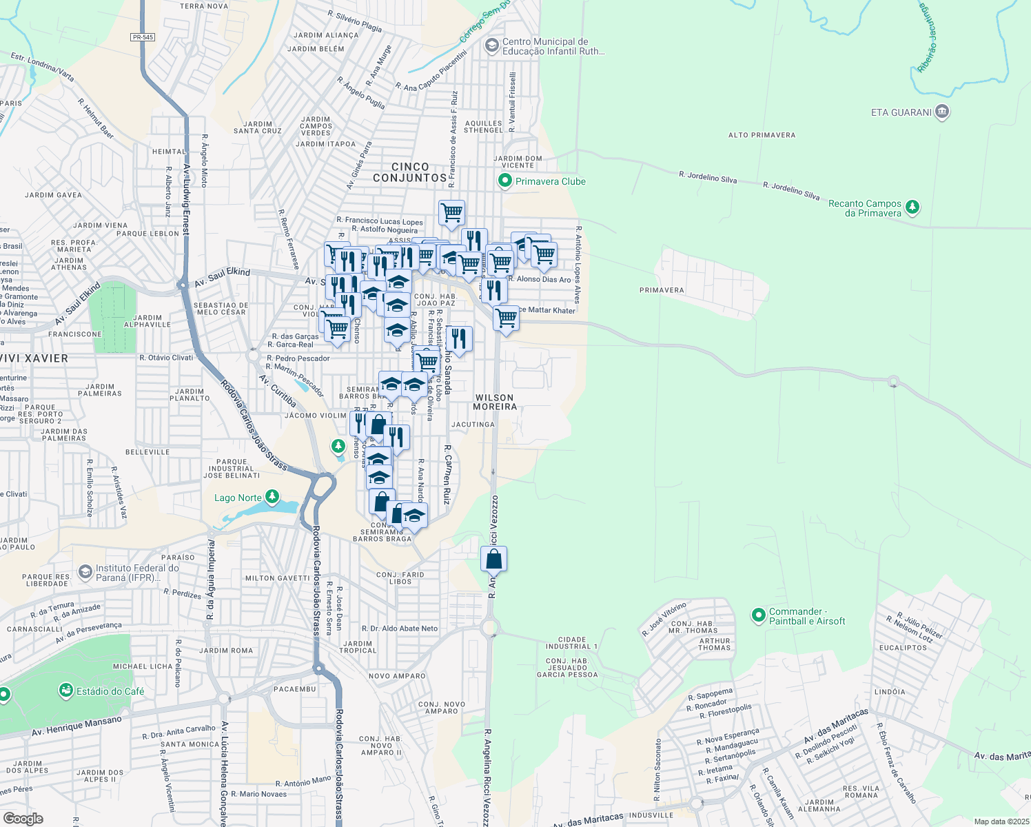 map of restaurants, bars, coffee shops, grocery stores, and more near 3400 Rua Angelina Ricci Vezozzo in Londrina