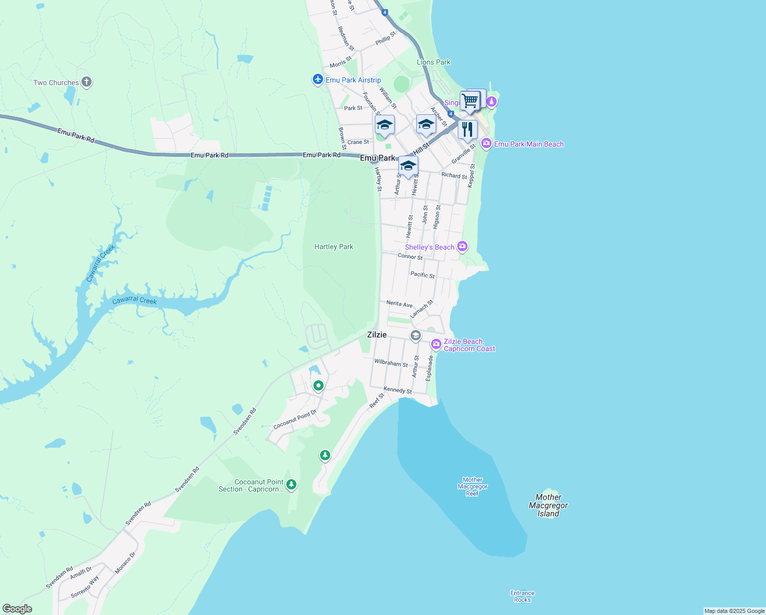 map of restaurants, bars, coffee shops, grocery stores, and more near 137 Hartley Street in Zilzie