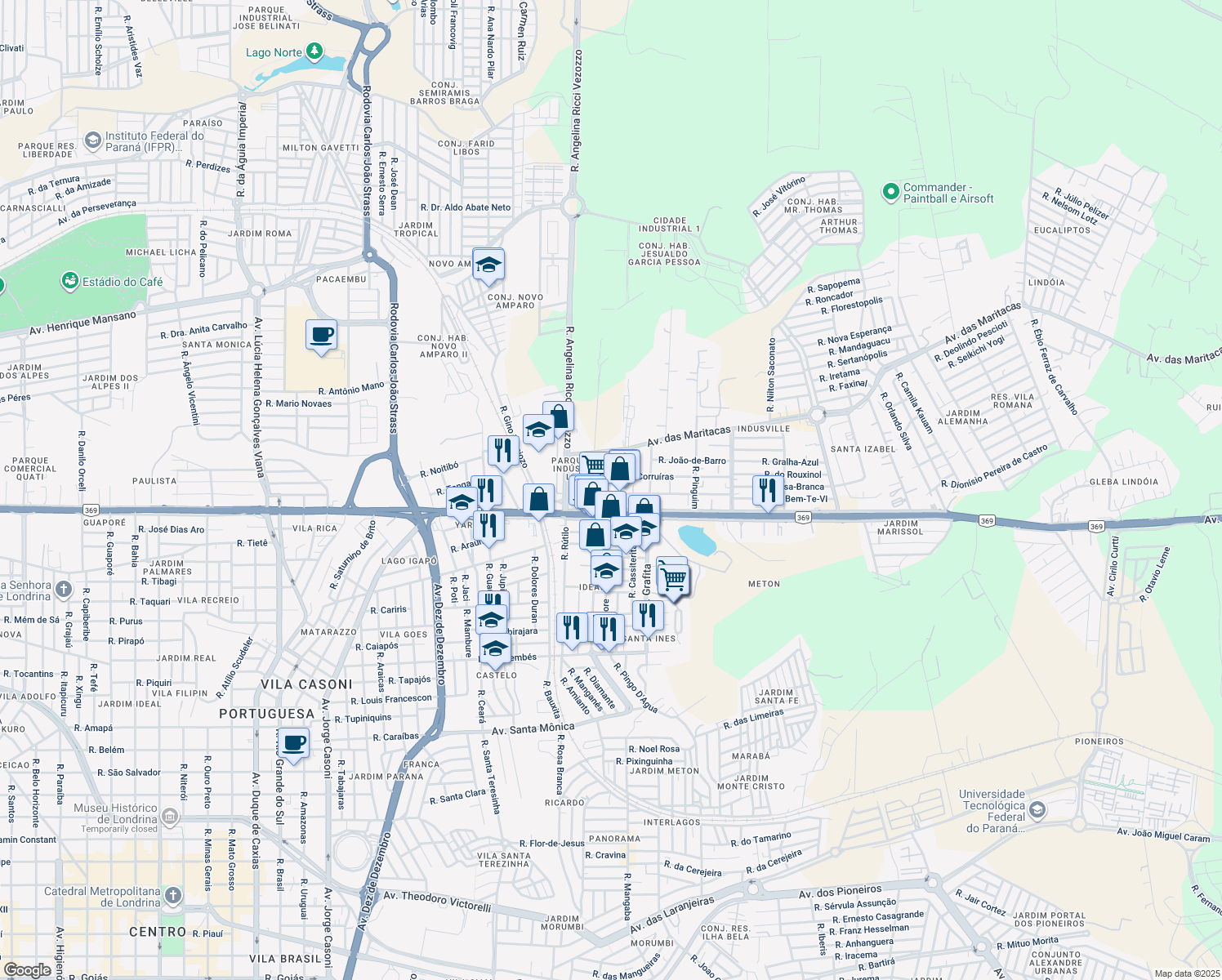 map of restaurants, bars, coffee shops, grocery stores, and more near 235 Rua Condor in Londrina