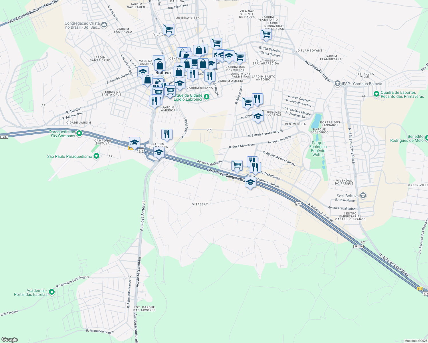 map of restaurants, bars, coffee shops, grocery stores, and more near Rodovia Presidente Castello Branco in Boituva