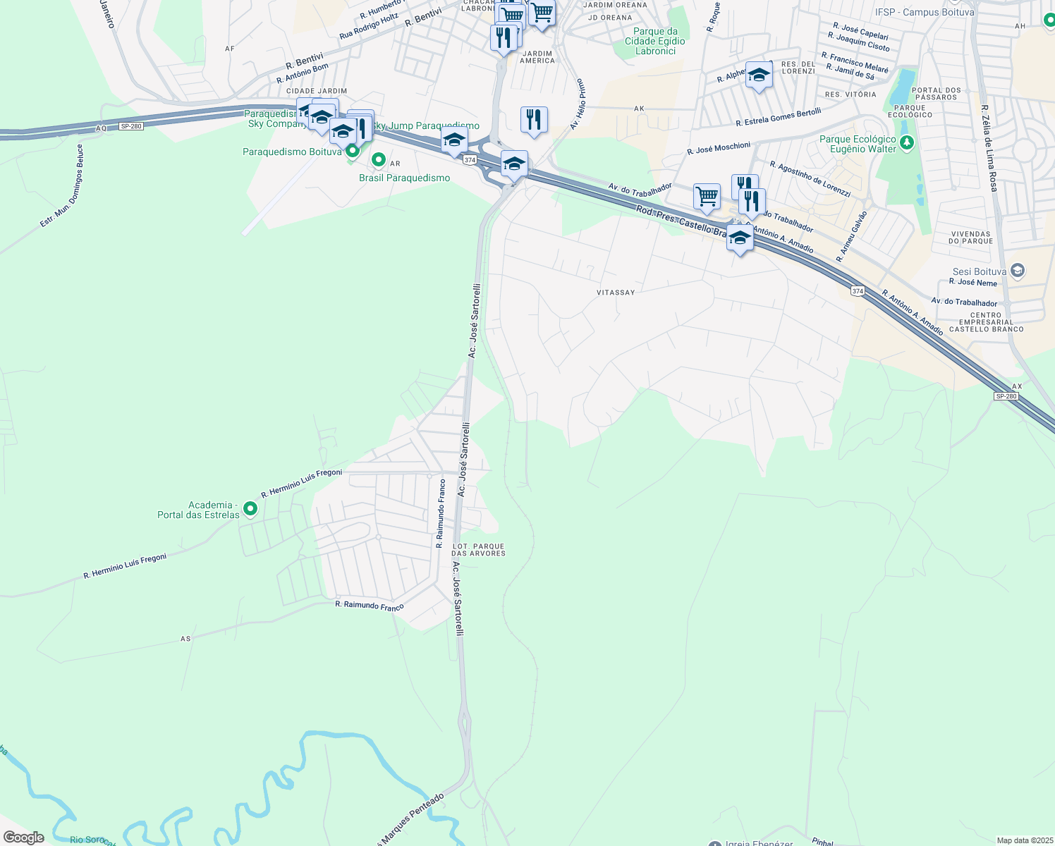 map of restaurants, bars, coffee shops, grocery stores, and more near 18550-000 Avenida dos Pinheiros in Boituva