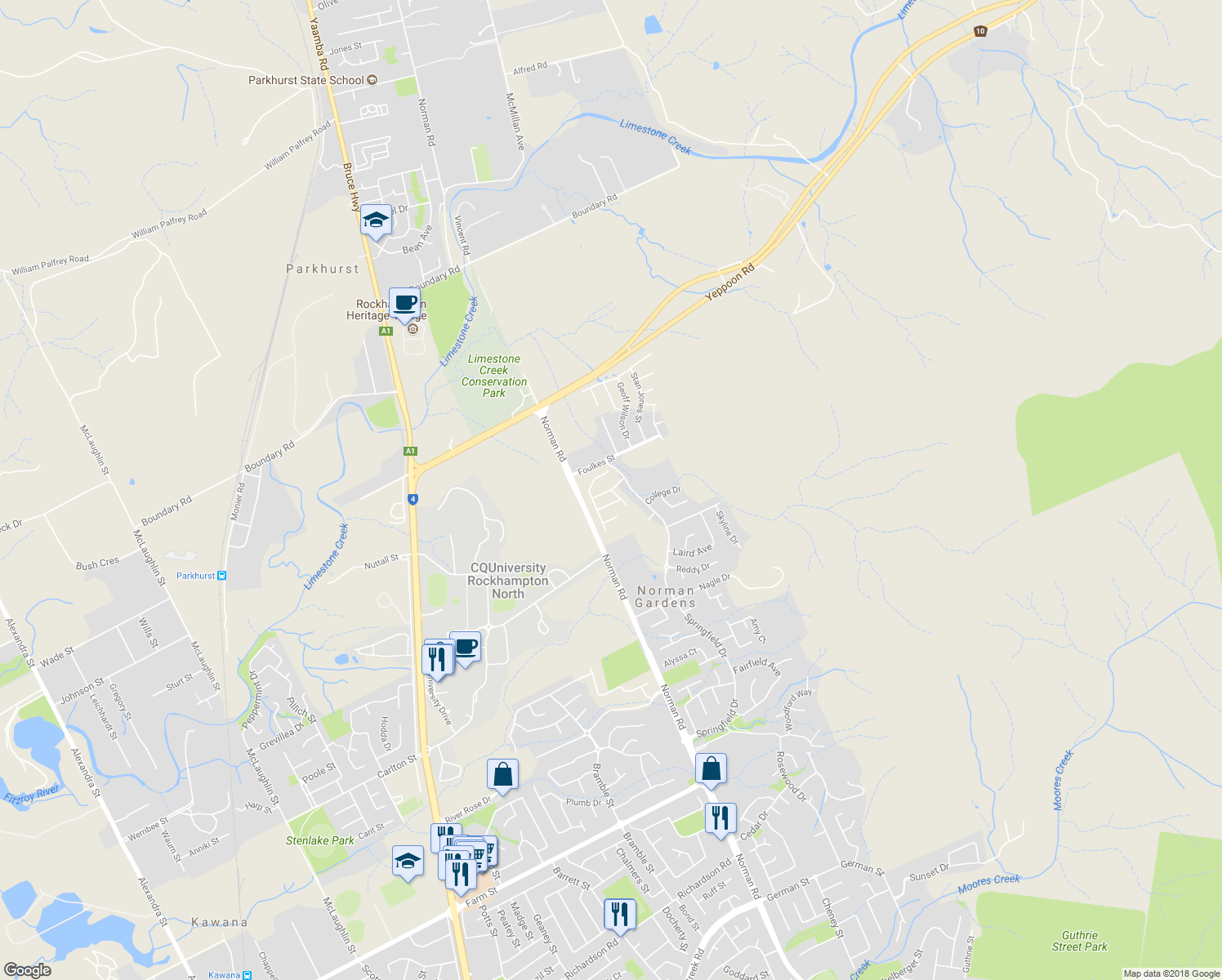 map of restaurants, bars, coffee shops, grocery stores, and more near Varsity Crescent in Norman Gardens