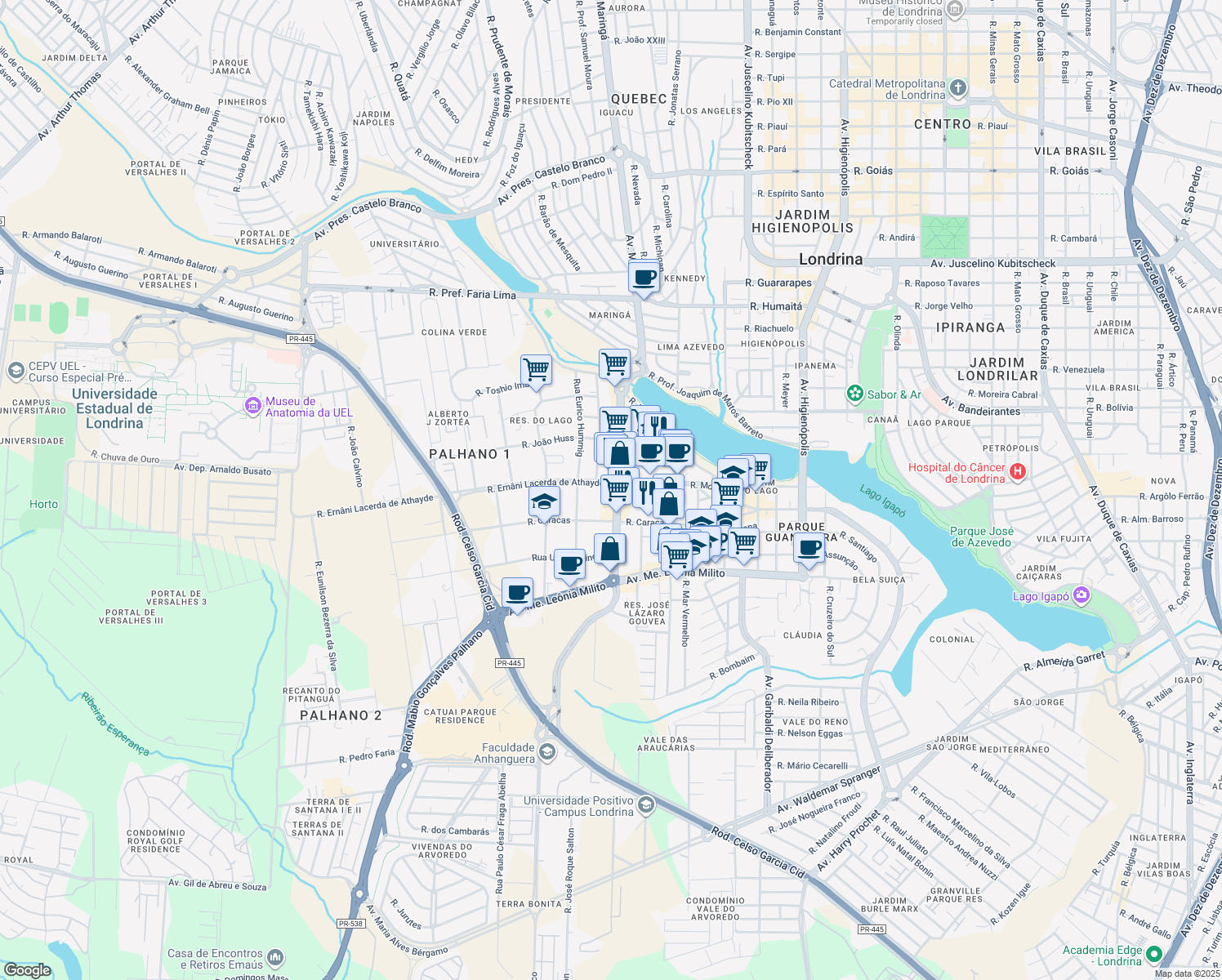 map of restaurants, bars, coffee shops, grocery stores, and more near 650 Avenida Ayrton Senna da Silva in Londrina