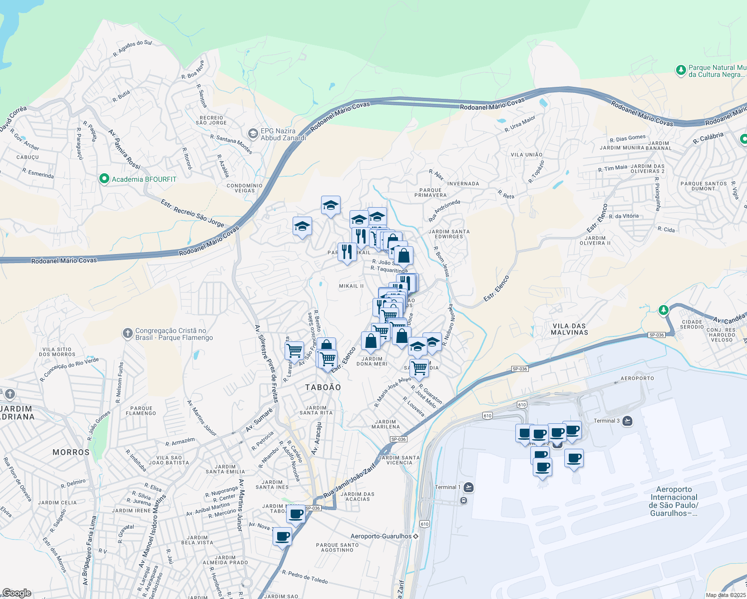 map of restaurants, bars, coffee shops, grocery stores, and more near 253 Estrada Municipal in Guarulhos