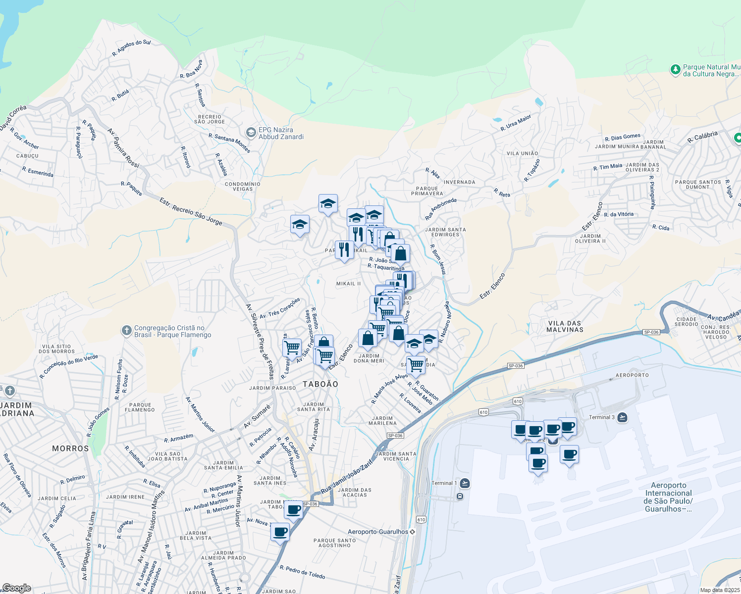 map of restaurants, bars, coffee shops, grocery stores, and more near 253 Estrada Municipal in Guarulhos