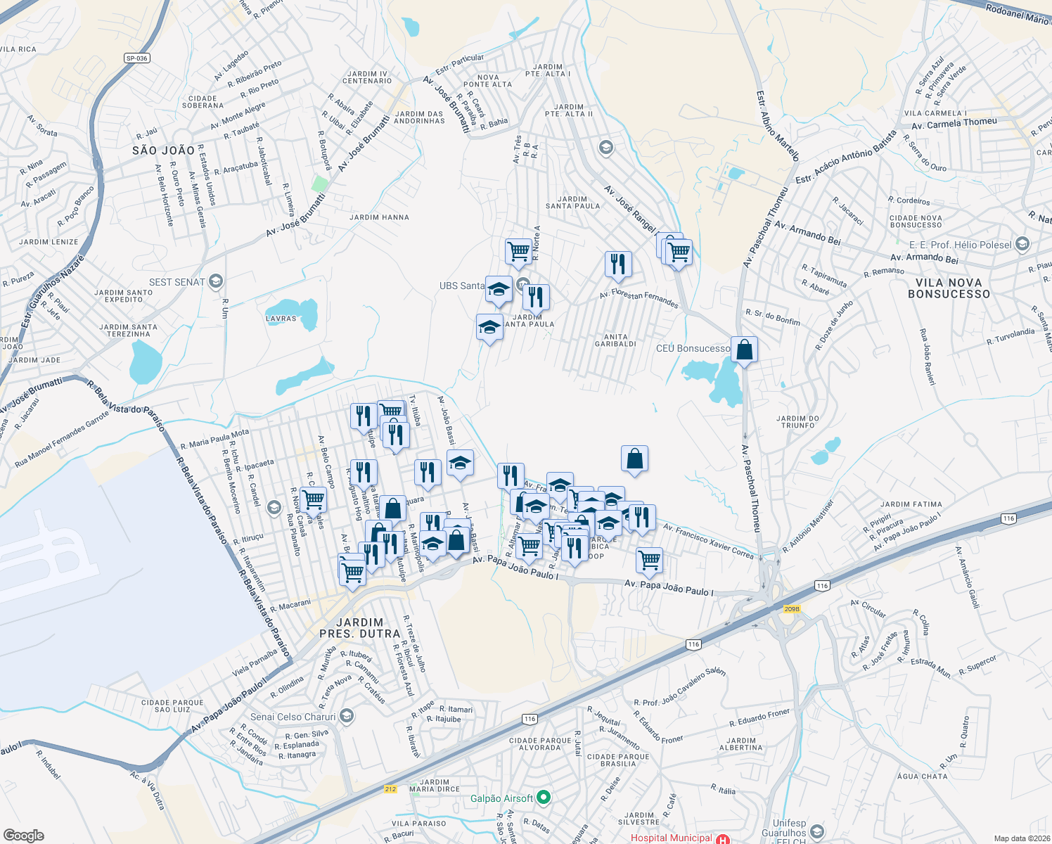 map of restaurants, bars, coffee shops, grocery stores, and more near 1657 Avenida O1 in Guarulhos