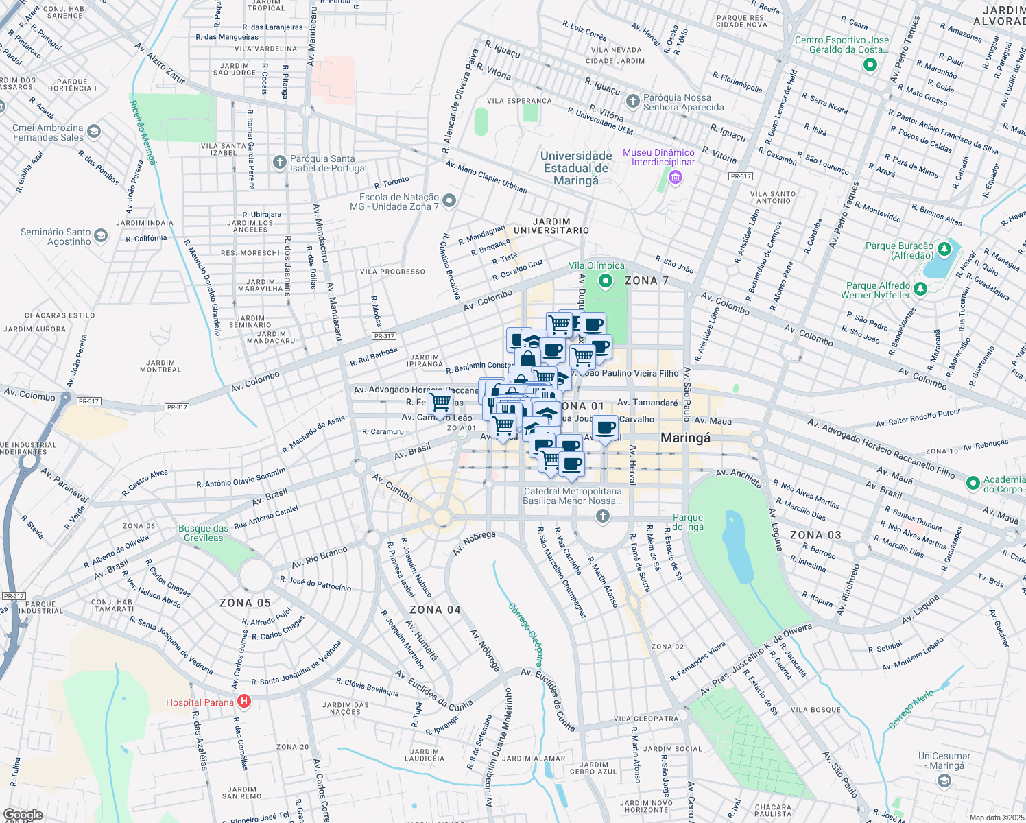 map of restaurants, bars, coffee shops, grocery stores, and more near 891 Avenida Paraná in Maringá
