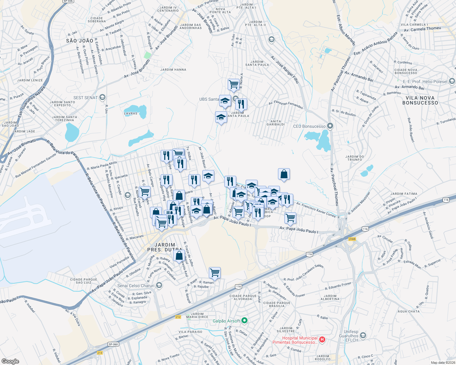 map of restaurants, bars, coffee shops, grocery stores, and more near 1657 Avenida O1 in Guarulhos