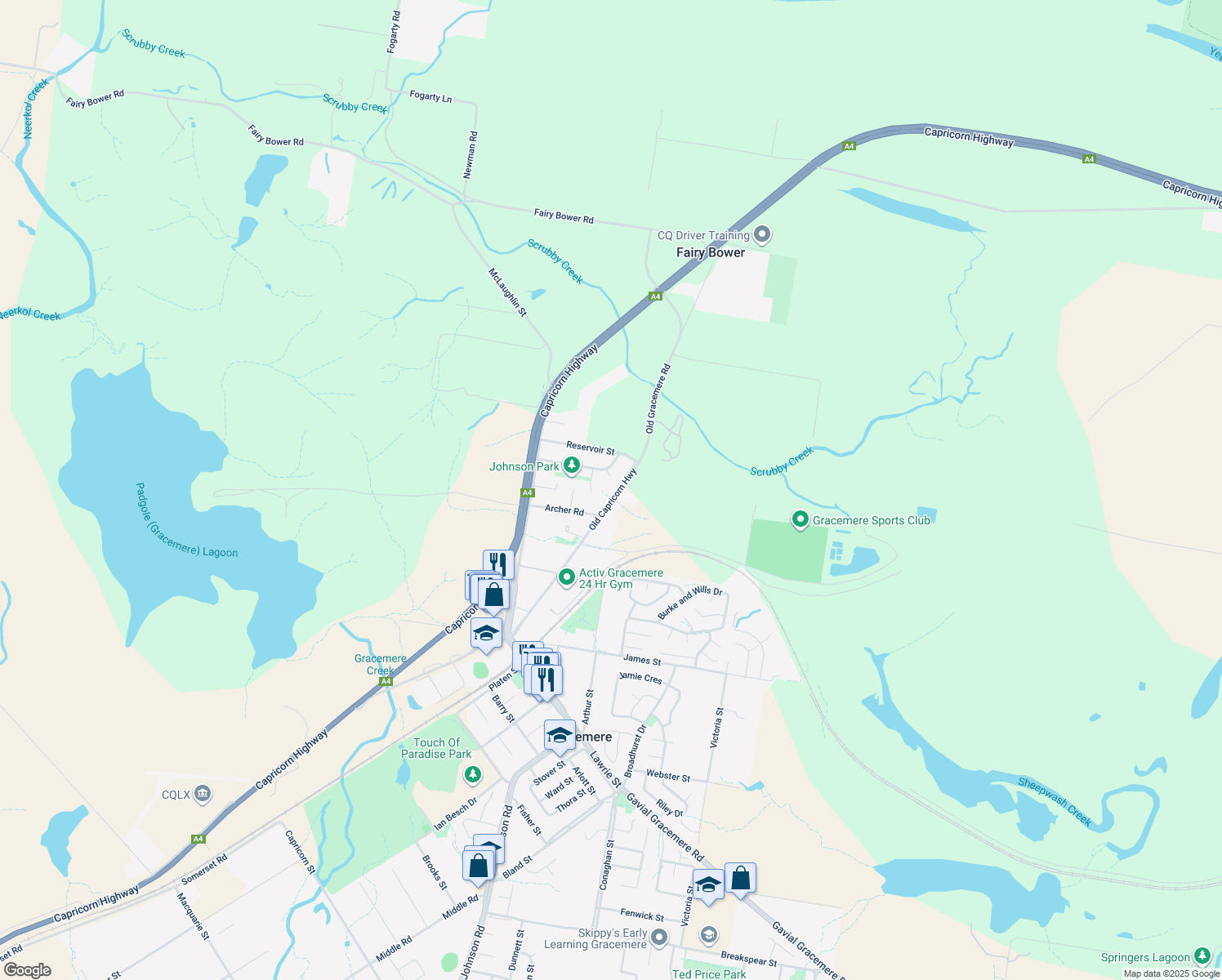 map of restaurants, bars, coffee shops, grocery stores, and more near 69 Old Capricorn Highway in Gracemere