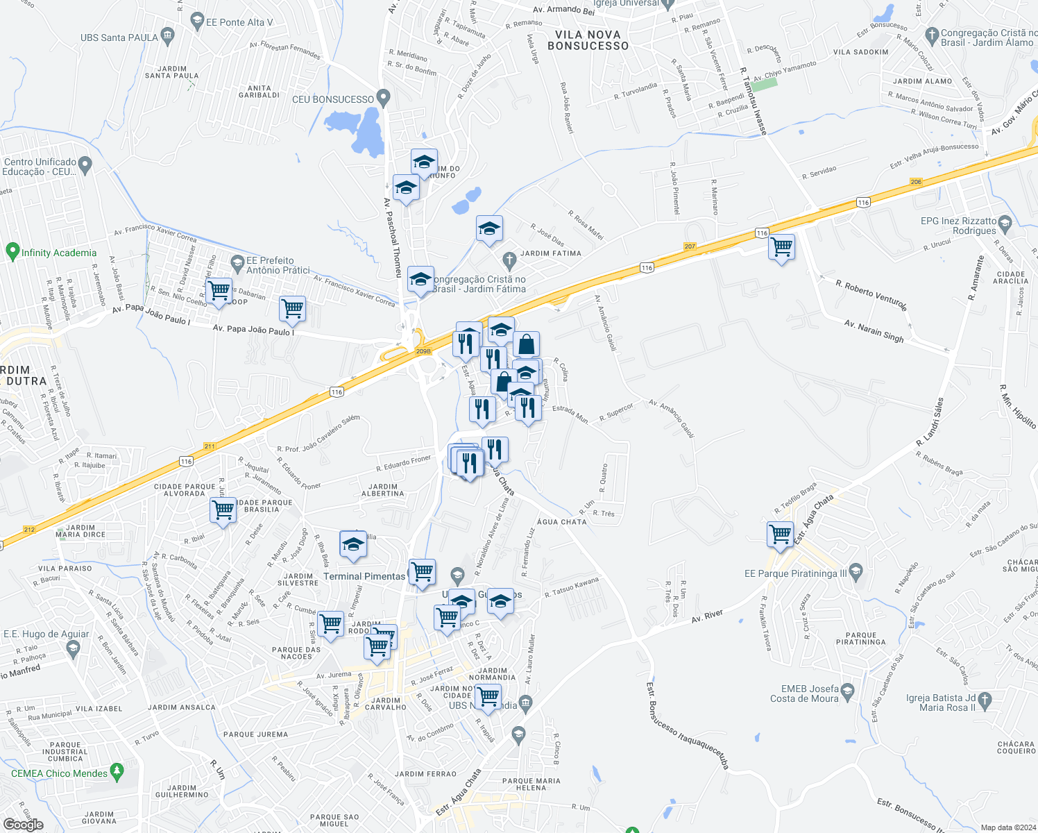 map of restaurants, bars, coffee shops, grocery stores, and more near 253 Estrada Municipal in Guarulhos