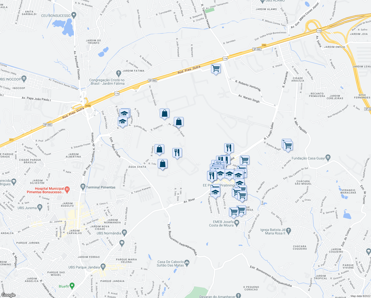 map of restaurants, bars, coffee shops, grocery stores, and more near 1315 Avenida Amâncio Gaioli in Guarulhos