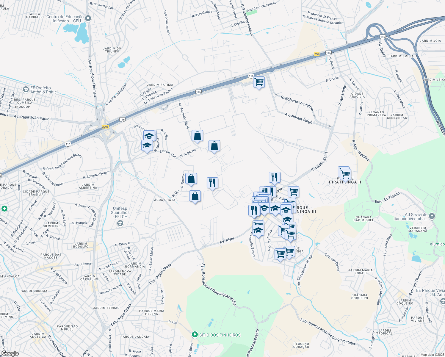 map of restaurants, bars, coffee shops, grocery stores, and more near 1315 Avenida Amâncio Gaioli in Guarulhos