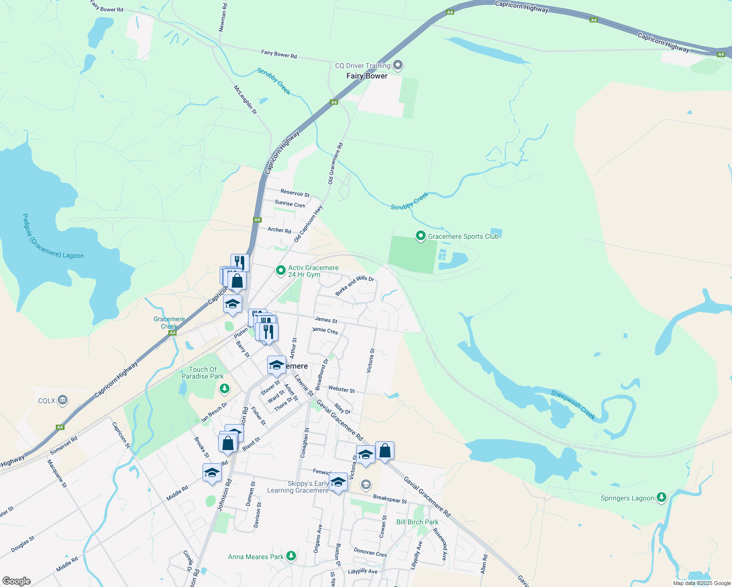map of restaurants, bars, coffee shops, grocery stores, and more near Jardine Court in Gracemere