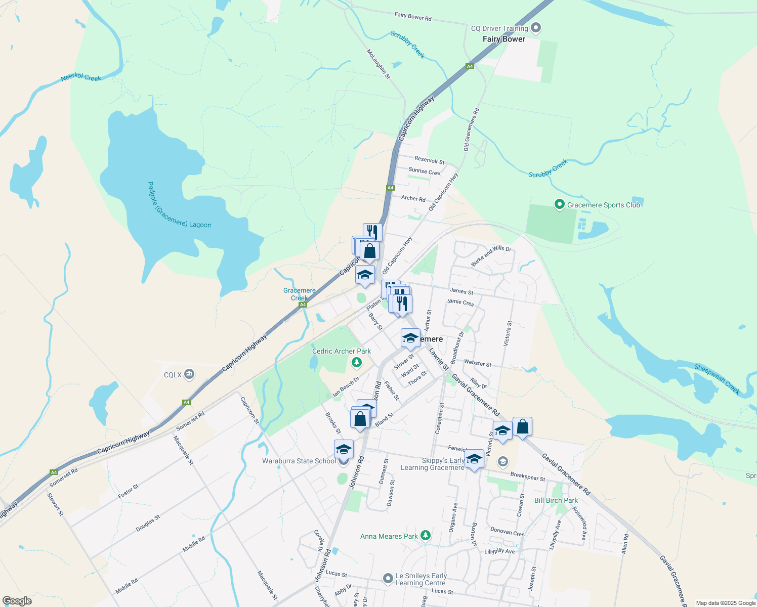 map of restaurants, bars, coffee shops, grocery stores, and more near 11 Platen Street in Gracemere