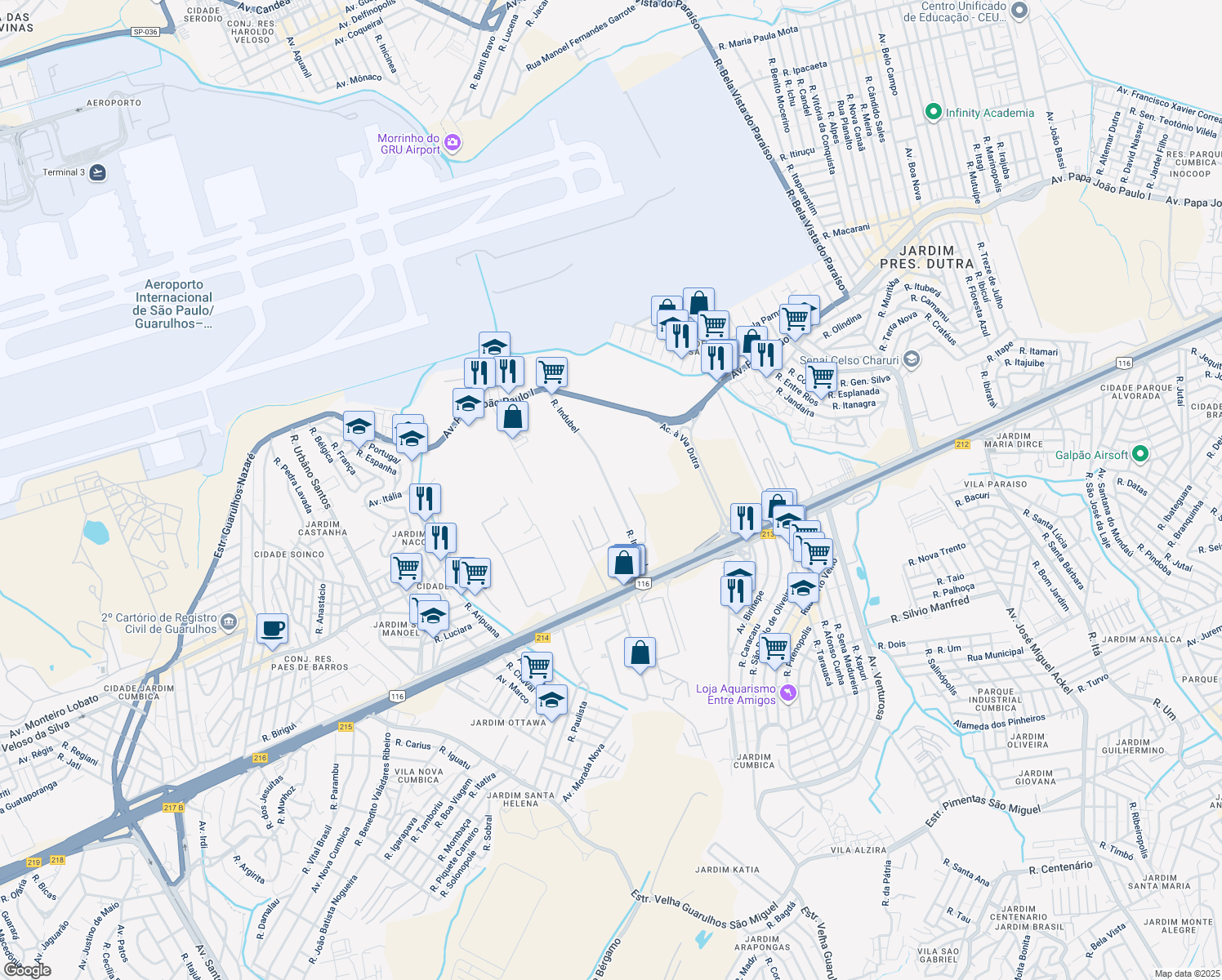 map of restaurants, bars, coffee shops, grocery stores, and more near Rua Indubel in Guarulhos