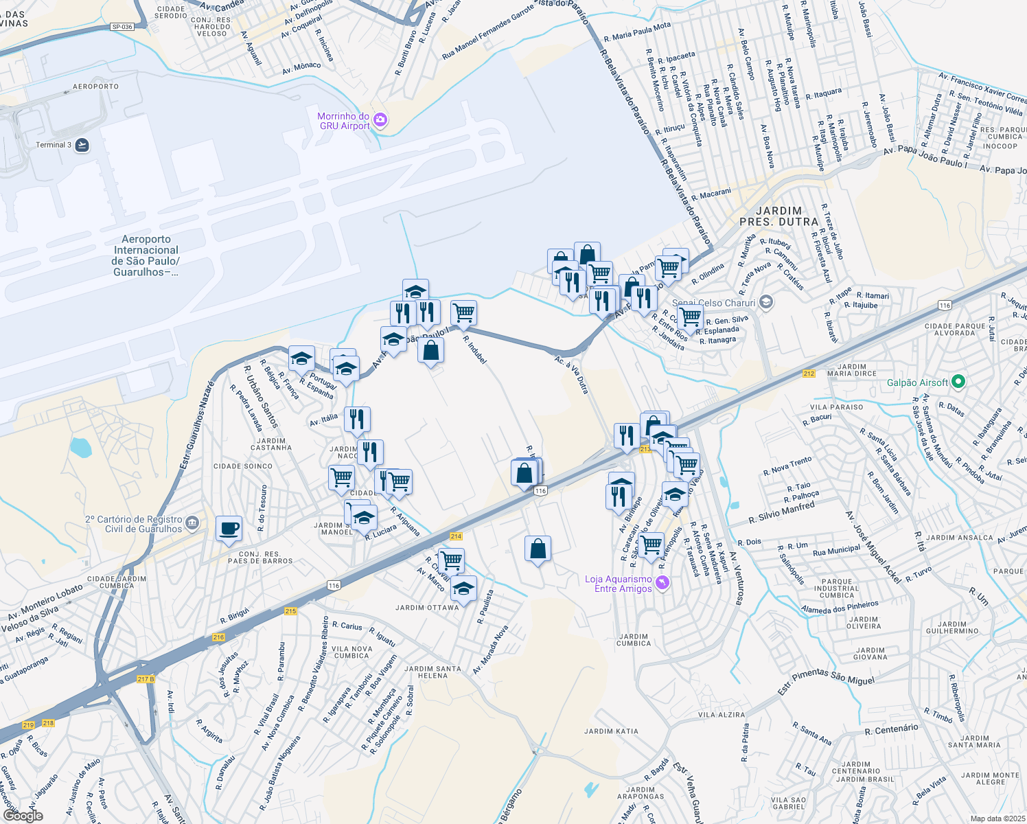 map of restaurants, bars, coffee shops, grocery stores, and more near Rua Indubel in Guarulhos