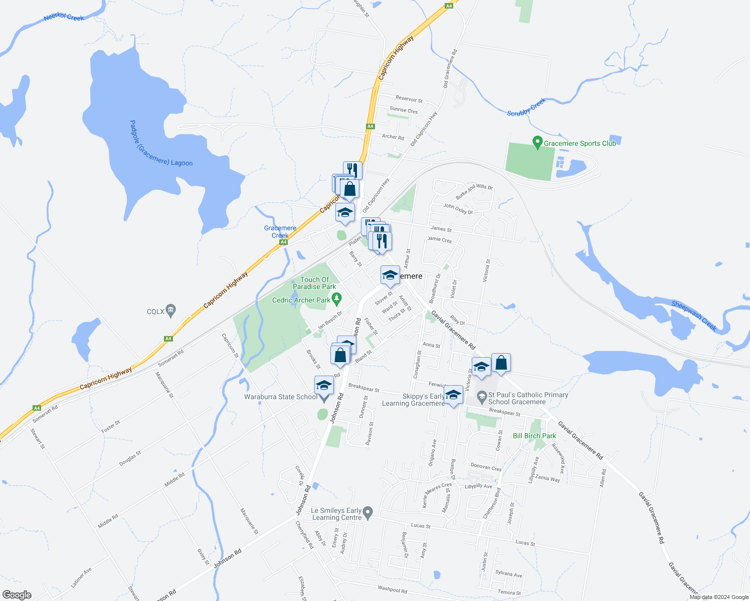 map of restaurants, bars, coffee shops, grocery stores, and more near 22 Mark Street in Gracemere
