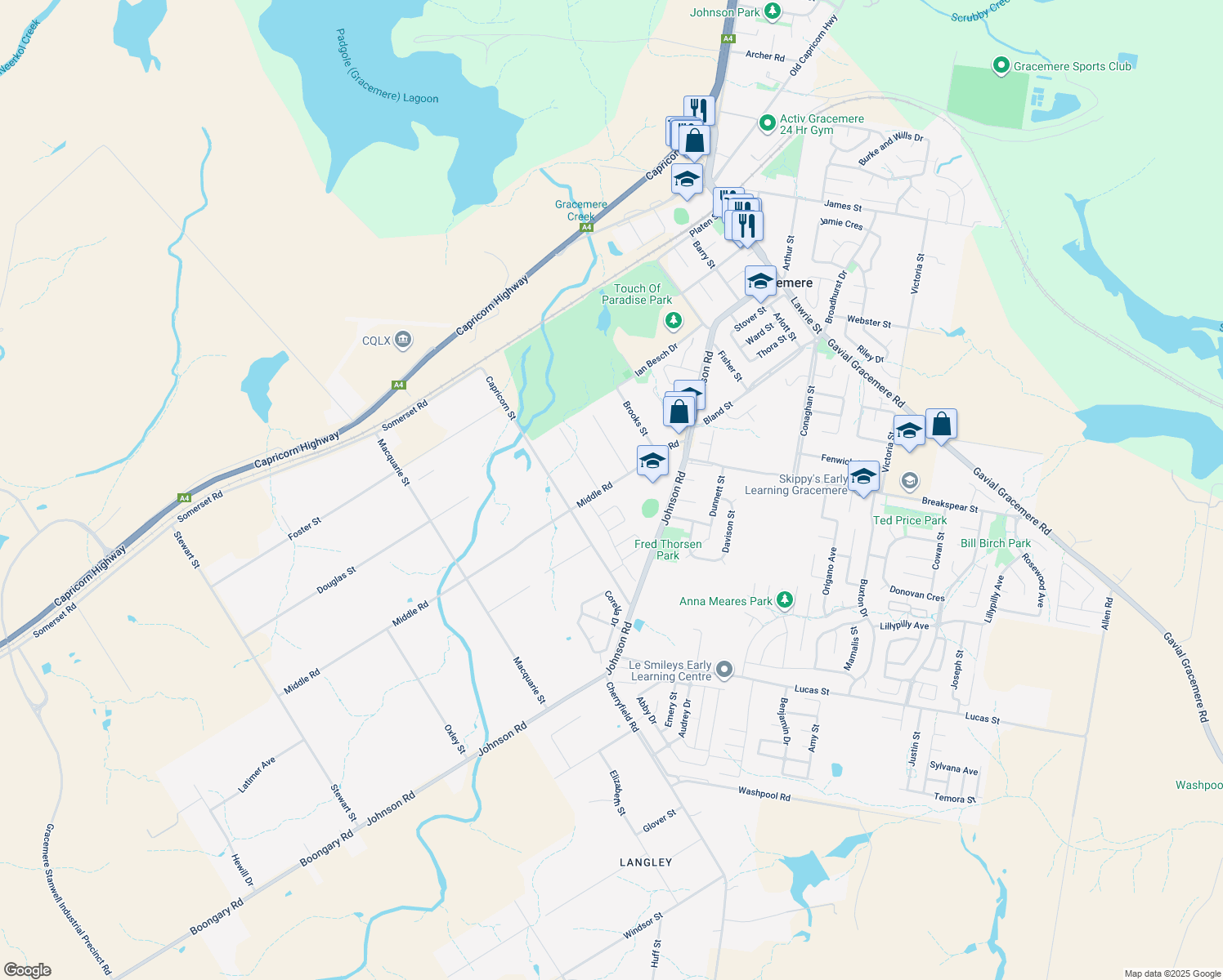 map of restaurants, bars, coffee shops, grocery stores, and more near 49 Middle Road in Gracemere