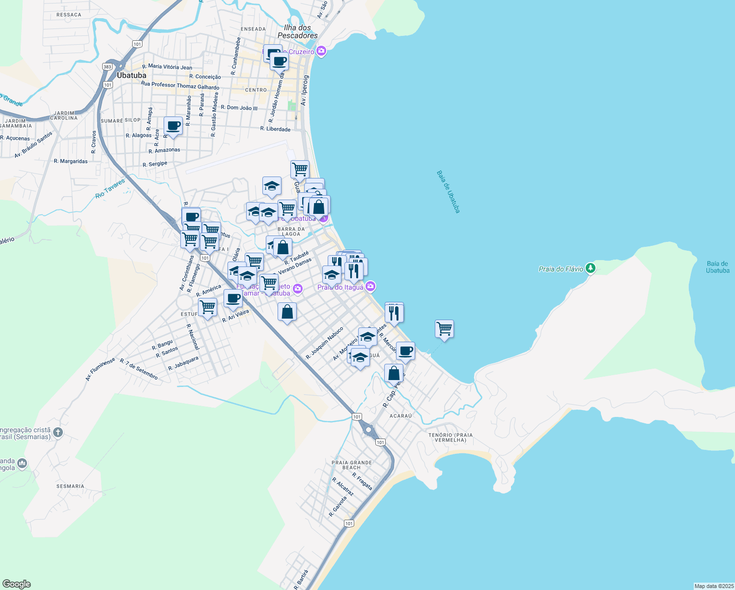 map of restaurants, bars, coffee shops, grocery stores, and more near 216 Avenida Leovegildo Dias Vieira in Ubatuba