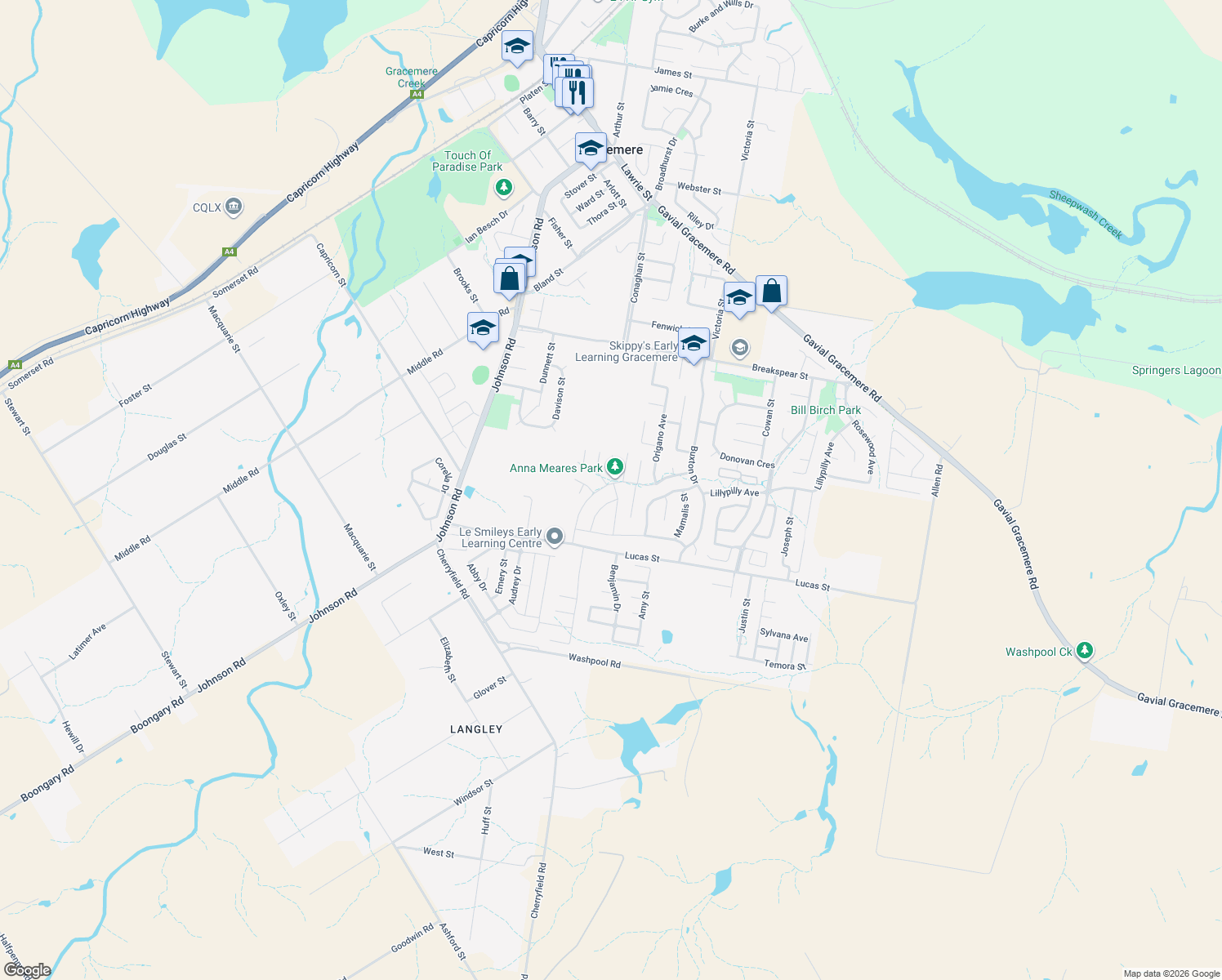 map of restaurants, bars, coffee shops, grocery stores, and more near 35 Anna Meares Avenue in Gracemere