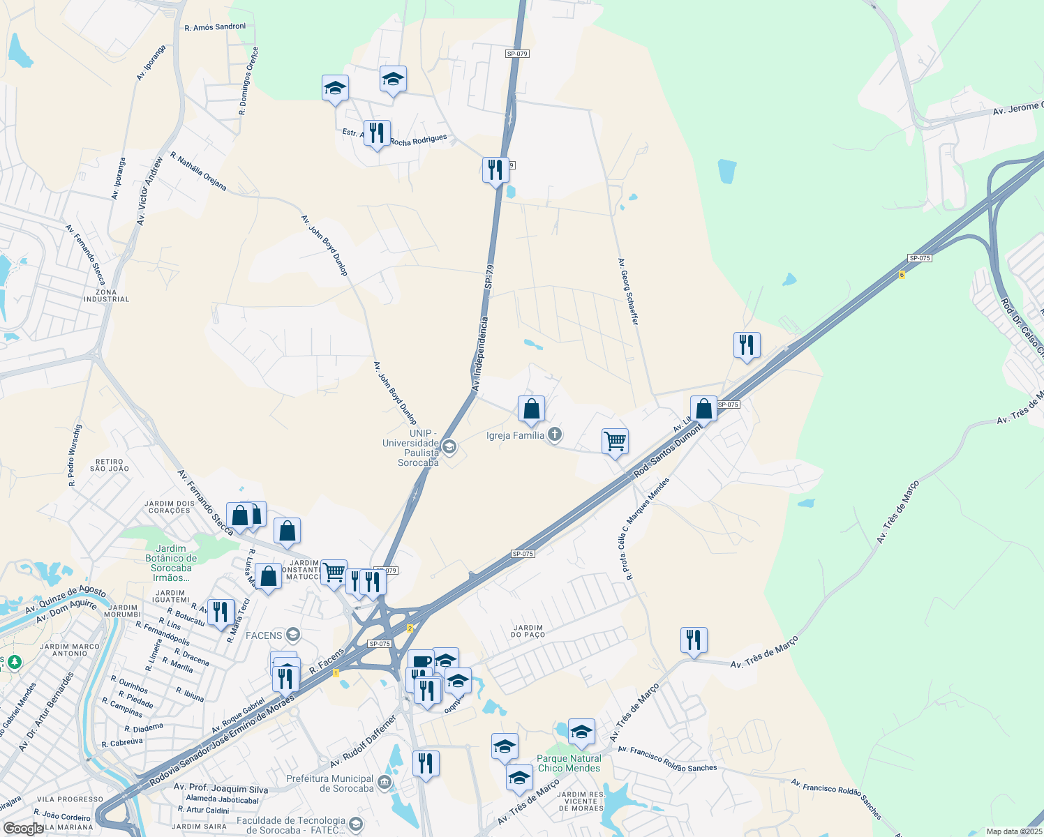map of restaurants, bars, coffee shops, grocery stores, and more near 325 Avenida Hollingsworth in Sorocaba