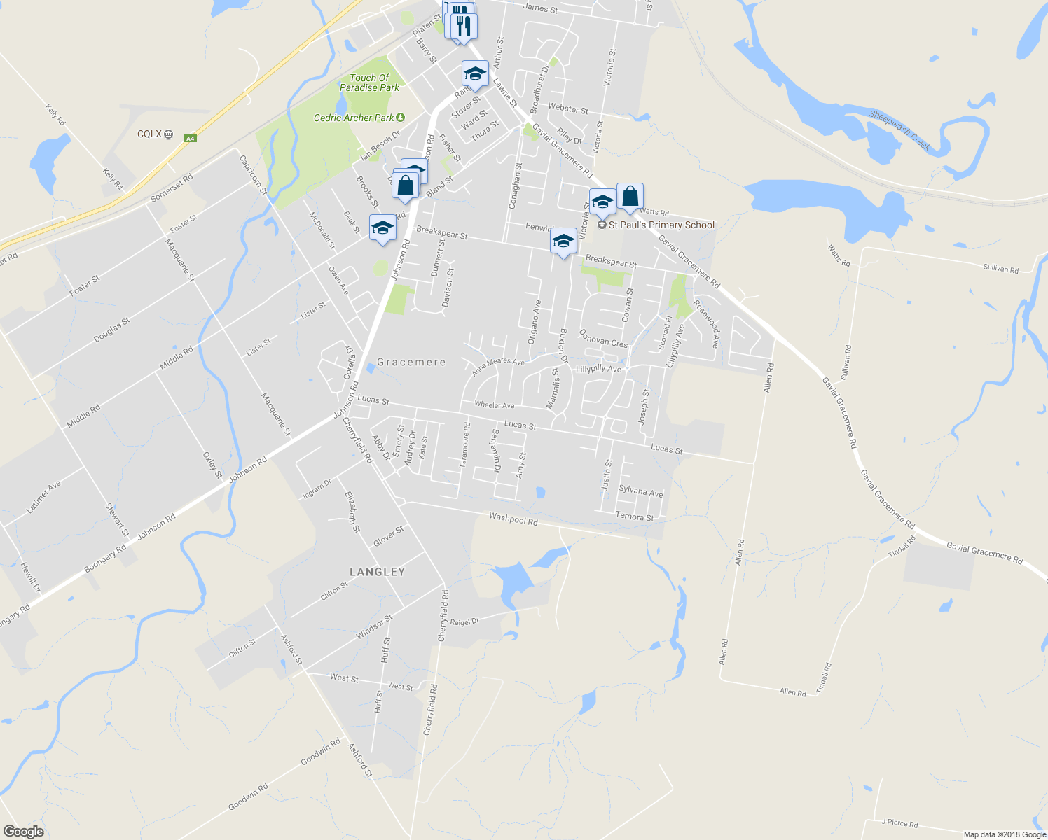 map of restaurants, bars, coffee shops, grocery stores, and more near LOT 102 Lucas Street in Gracemere
