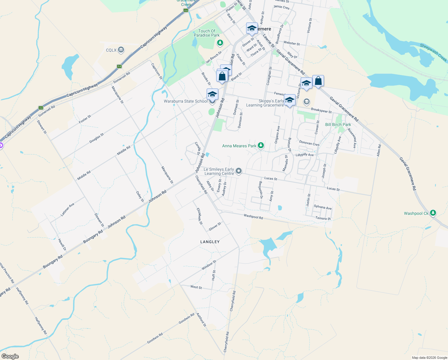 map of restaurants, bars, coffee shops, grocery stores, and more near 10 Audrey Drive in Gracemere