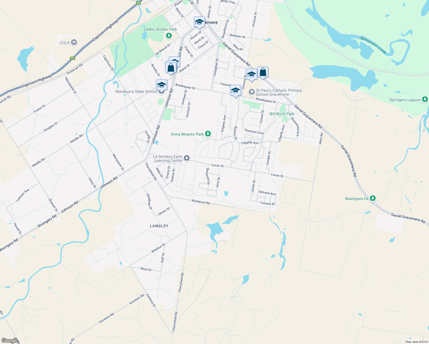 map of restaurants, bars, coffee shops, grocery stores, and more near 9 Amy Street in Gracemere