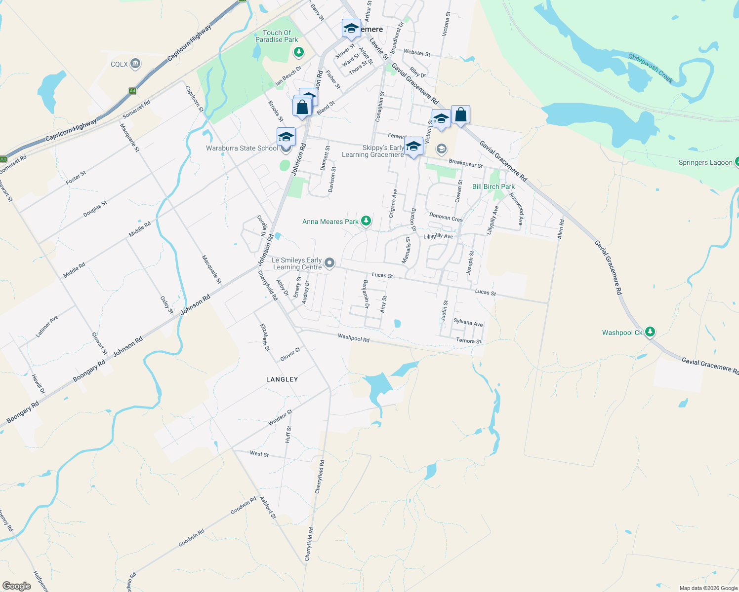map of restaurants, bars, coffee shops, grocery stores, and more near 13 Benjamin Drive in Gracemere