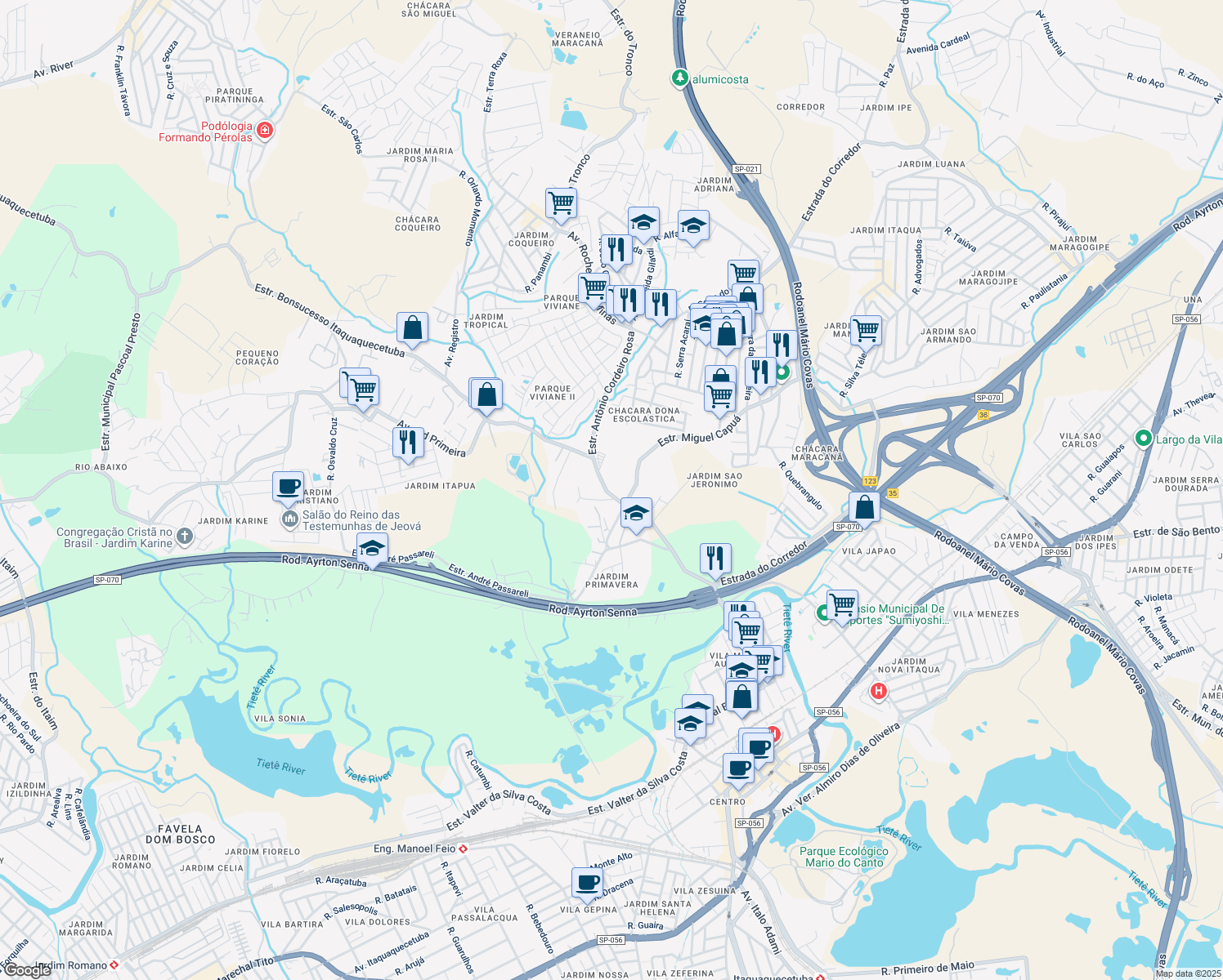 map of restaurants, bars, coffee shops, grocery stores, and more near 160 Estrada Bonsucesso Itaquaquecetuba in Itaquaquecetuba