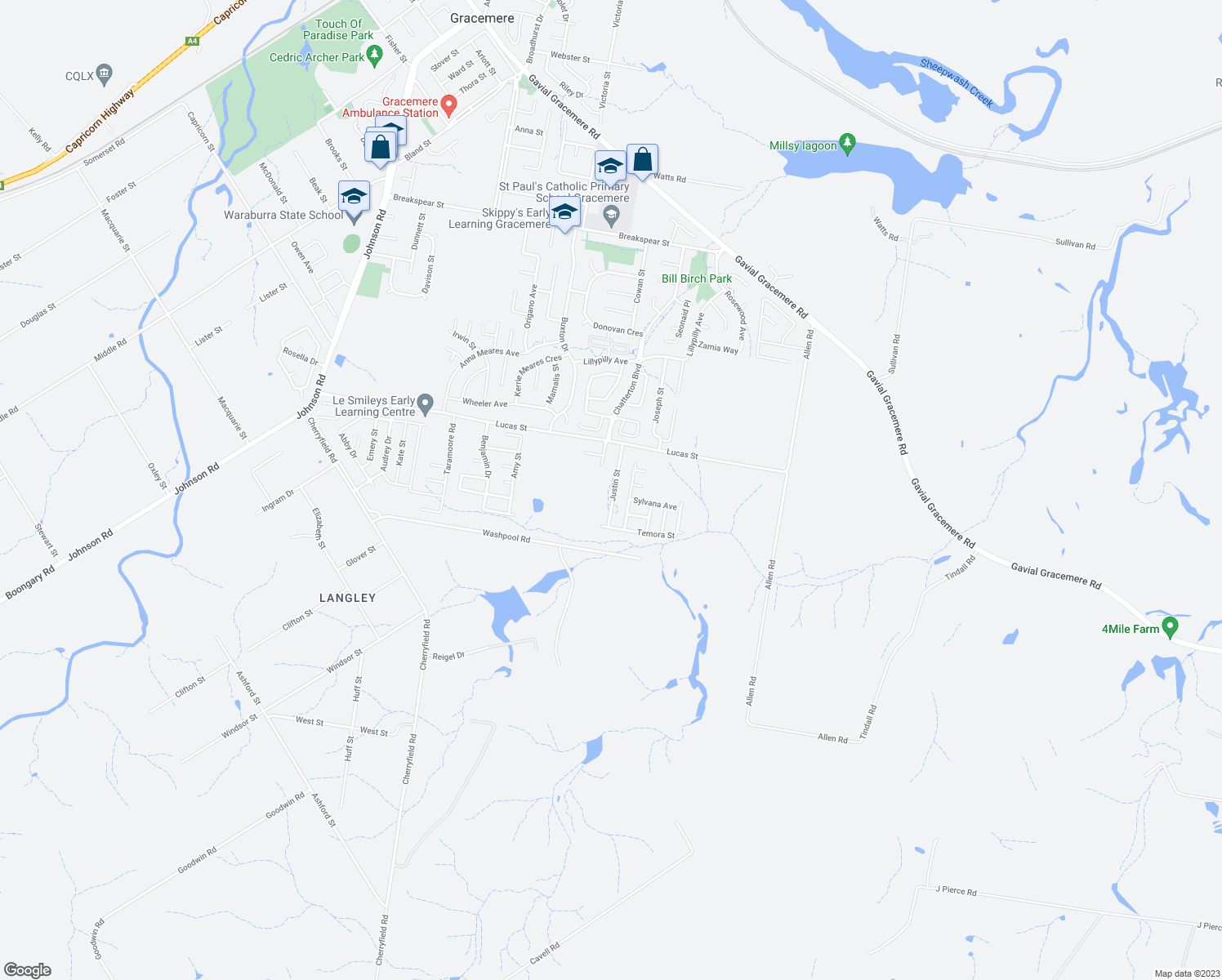 map of restaurants, bars, coffee shops, grocery stores, and more near 24 Justin Street in Gracemere