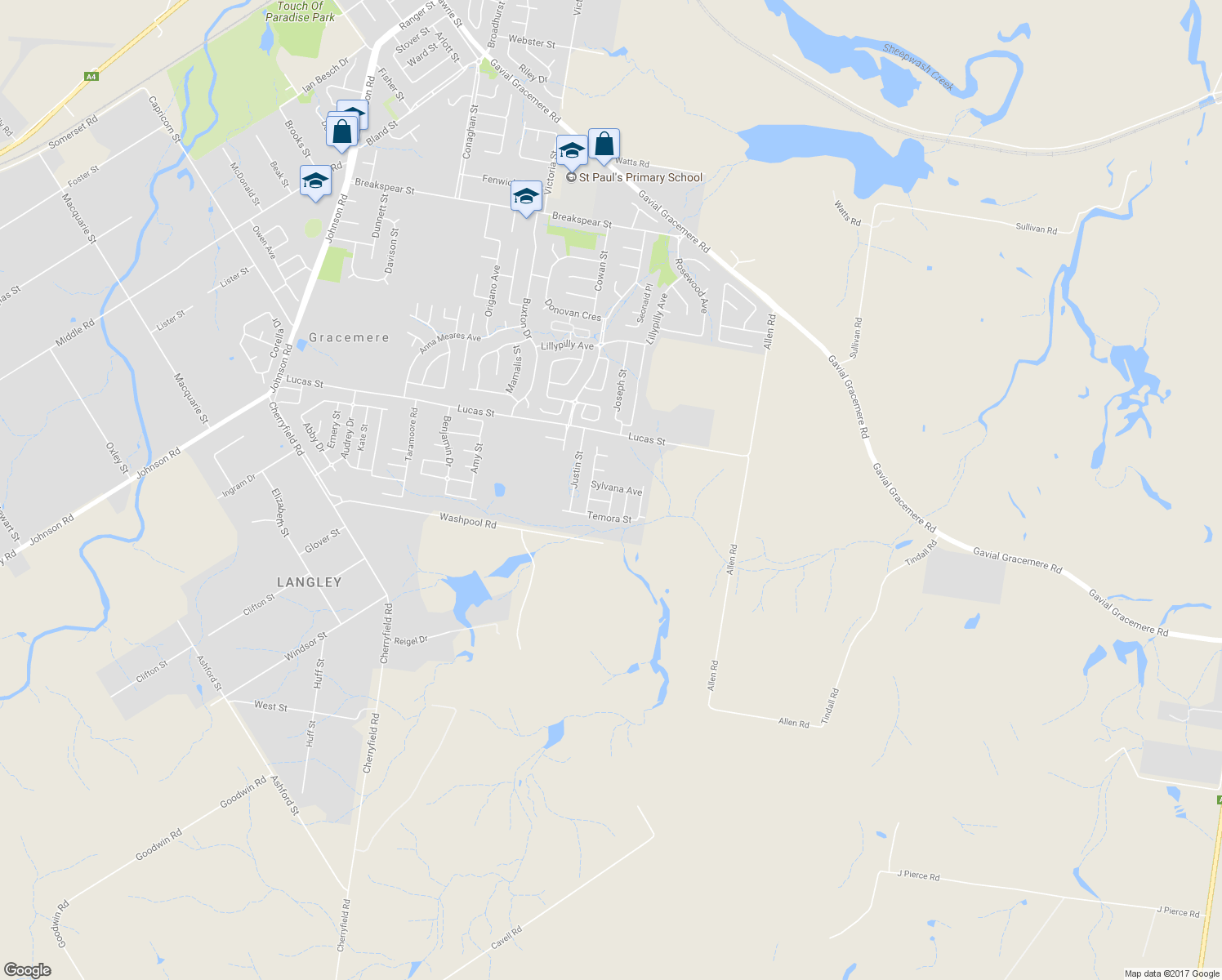 map of restaurants, bars, coffee shops, grocery stores, and more near Sylvana Avenue in Gracemere