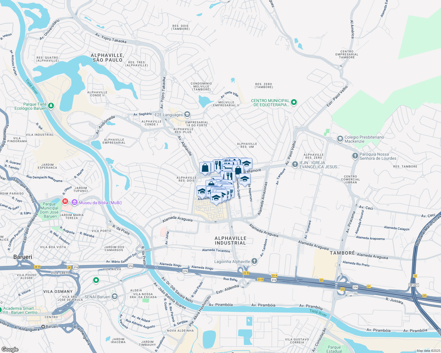 map of restaurants, bars, coffee shops, grocery stores, and more near 1477 Alameda Rio Negro in Barueri