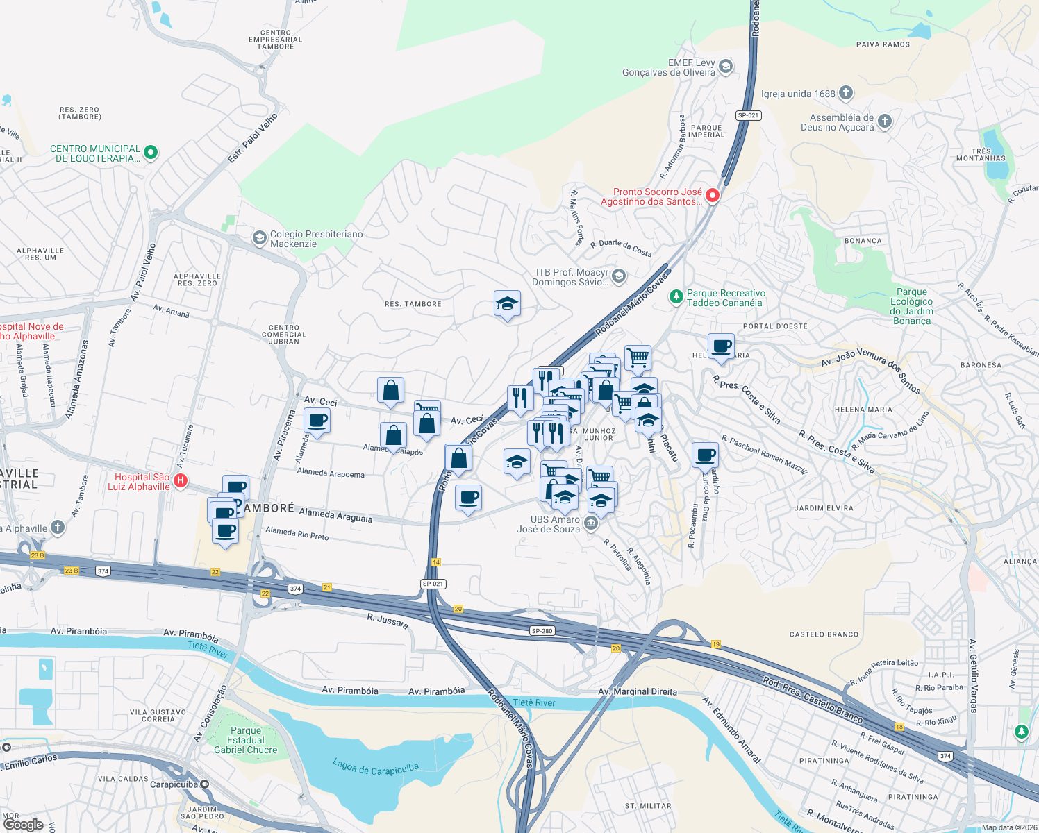 map of restaurants, bars, coffee shops, grocery stores, and more near 1649 Avenida Ceci in Barueri