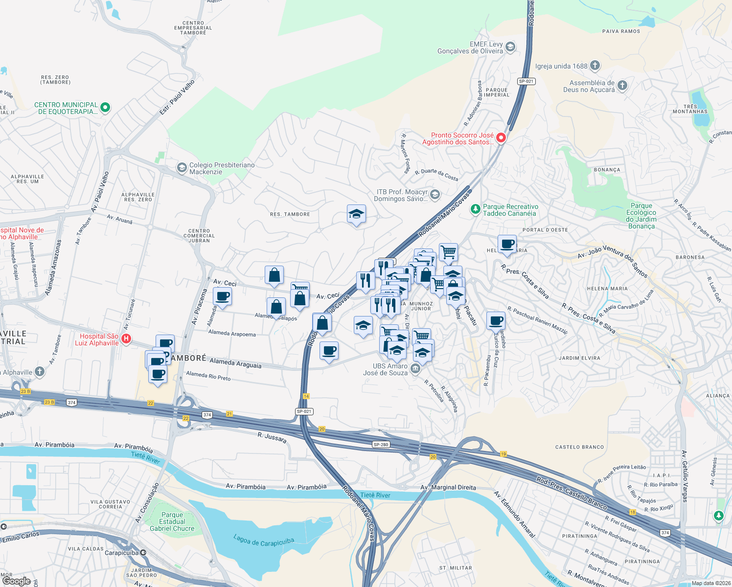 map of restaurants, bars, coffee shops, grocery stores, and more near 1649 Avenida Ceci in Barueri
