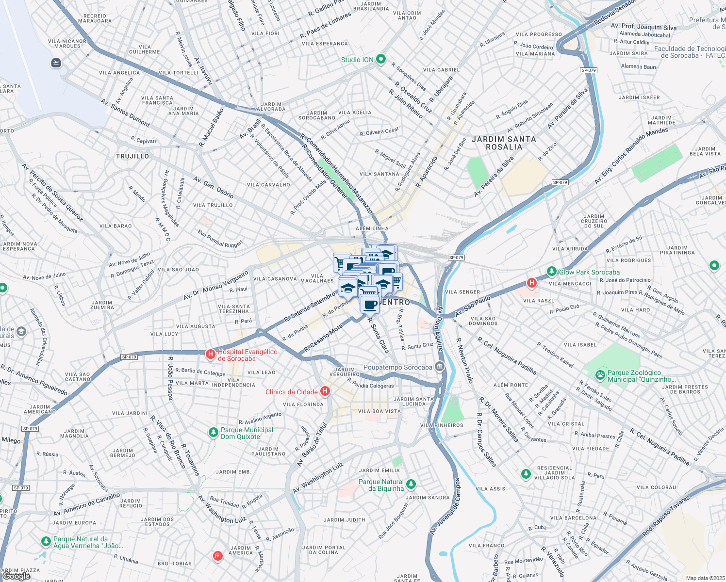 map of restaurants, bars, coffee shops, grocery stores, and more near 496 Rua da Penha in Sorocaba