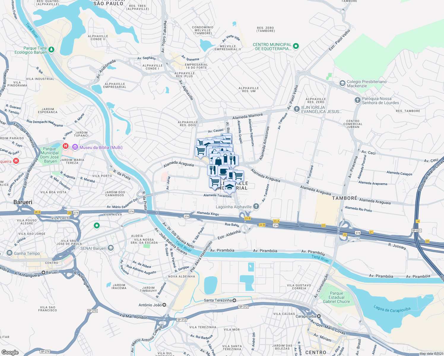 map of restaurants, bars, coffee shops, grocery stores, and more near 585 Alameda Rio Negro in Barueri