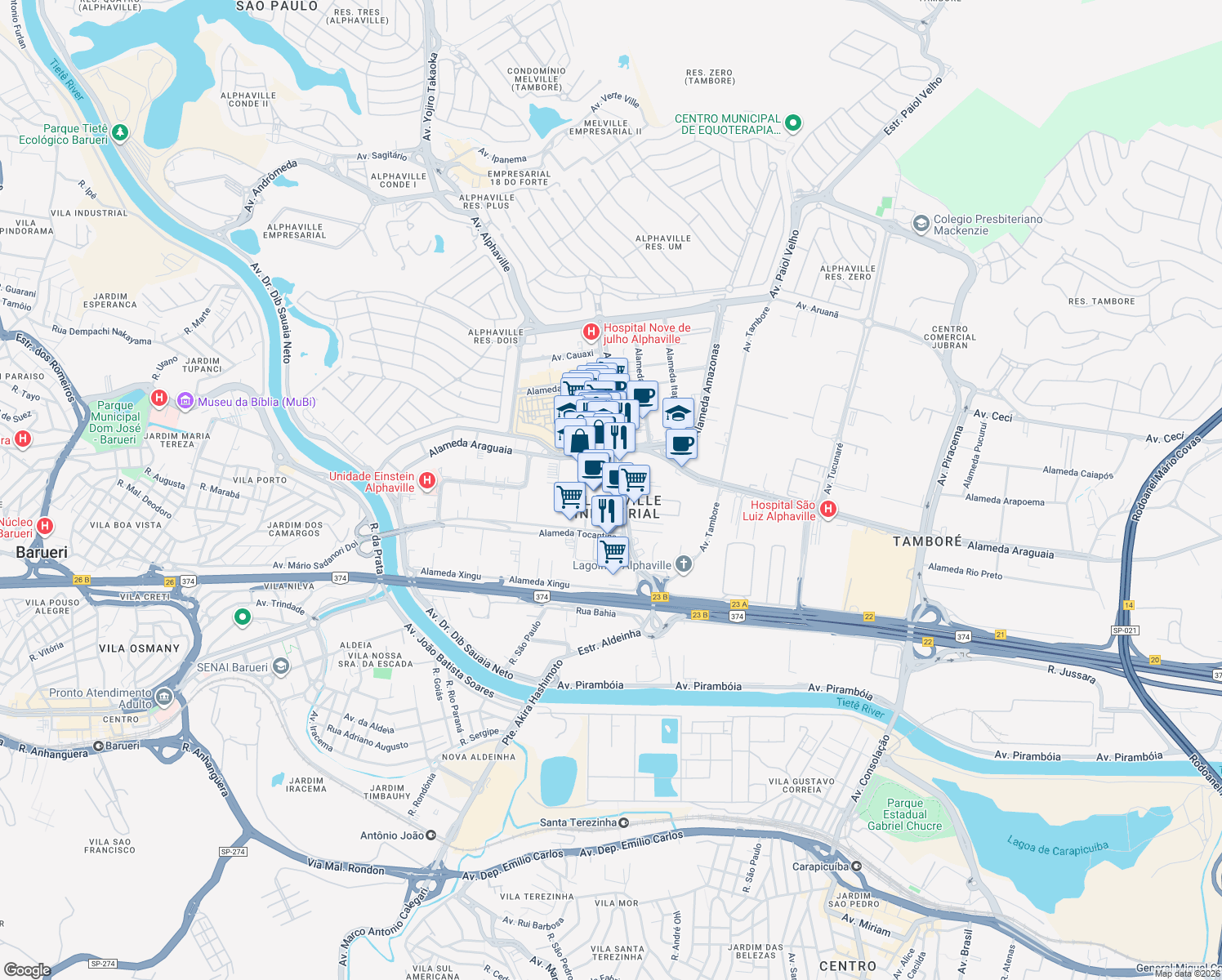 map of restaurants, bars, coffee shops, grocery stores, and more near 585 Alameda Rio Negro in Barueri