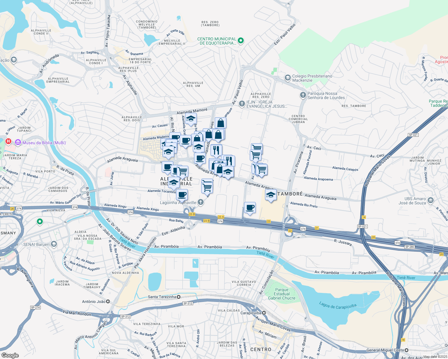 map of restaurants, bars, coffee shops, grocery stores, and more near 602 Alameda Araguaia in Barueri