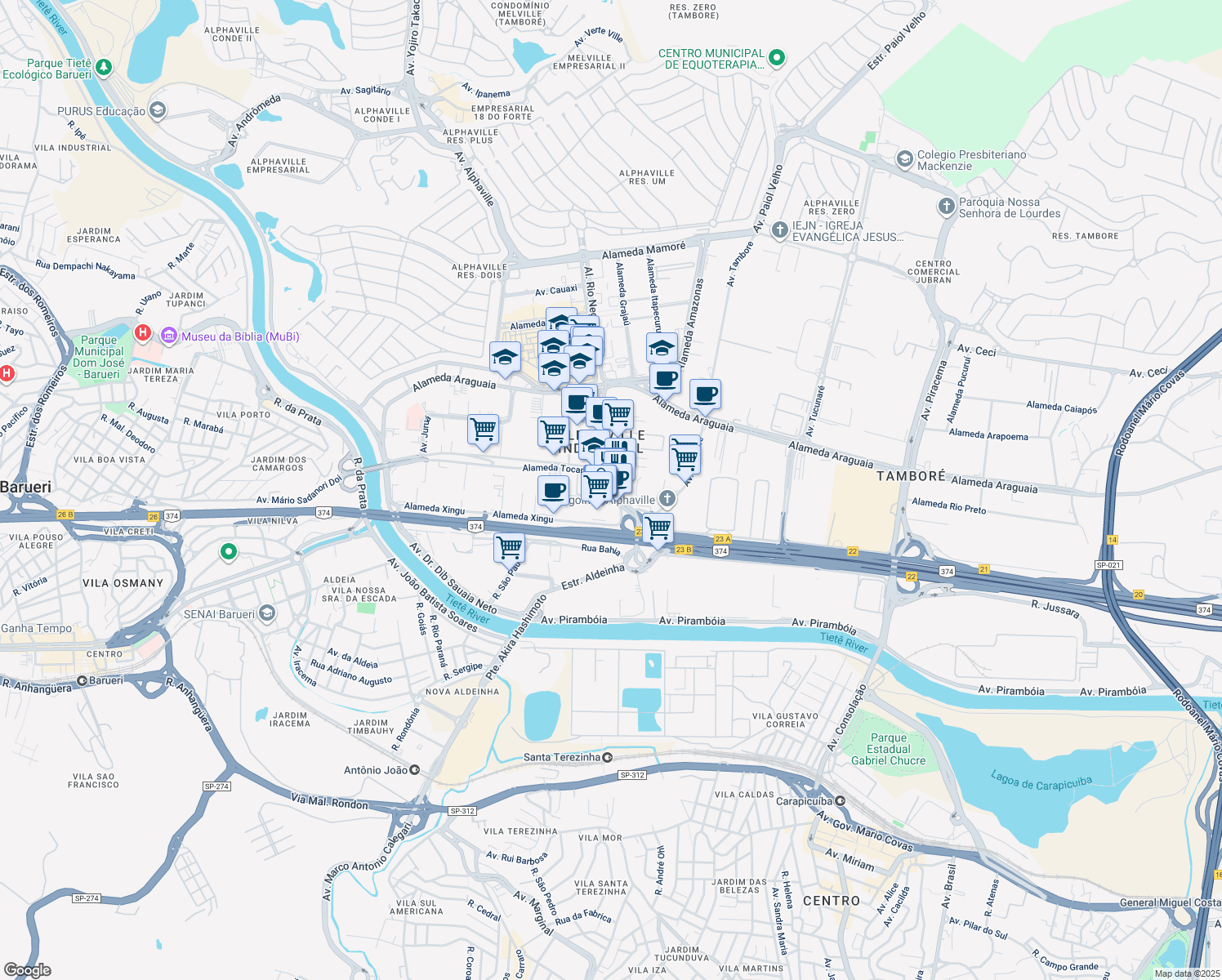 map of restaurants, bars, coffee shops, grocery stores, and more near 161 Alameda Rio Negro in Barueri