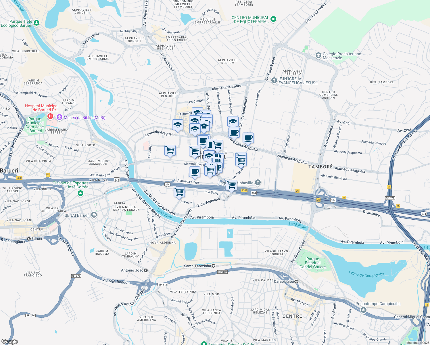 map of restaurants, bars, coffee shops, grocery stores, and more near 161 Alameda Rio Negro in Barueri