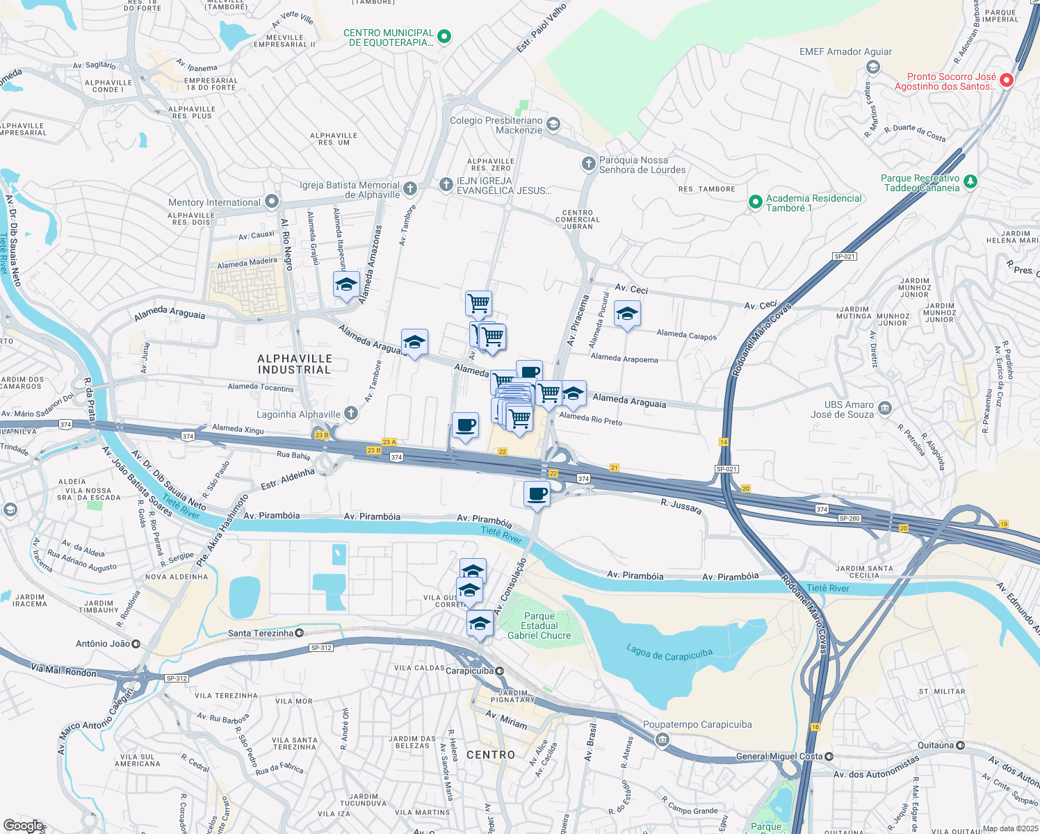 map of restaurants, bars, coffee shops, grocery stores, and more near 669 Avenida Piracema in Barueri
