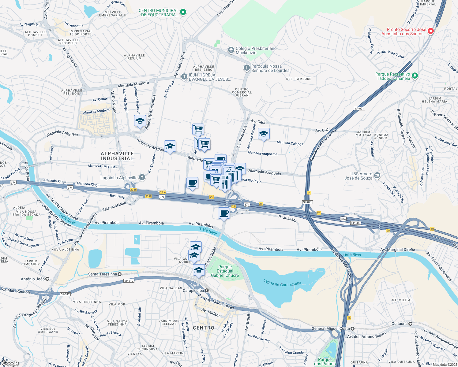 map of restaurants, bars, coffee shops, grocery stores, and more near 669 Avenida Piracema in Barueri