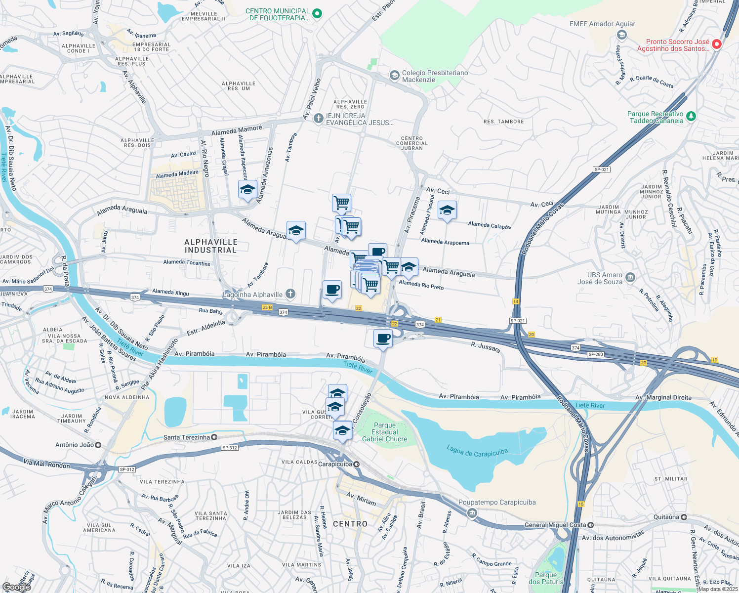 map of restaurants, bars, coffee shops, grocery stores, and more near 669 Avenida Piracema in Barueri