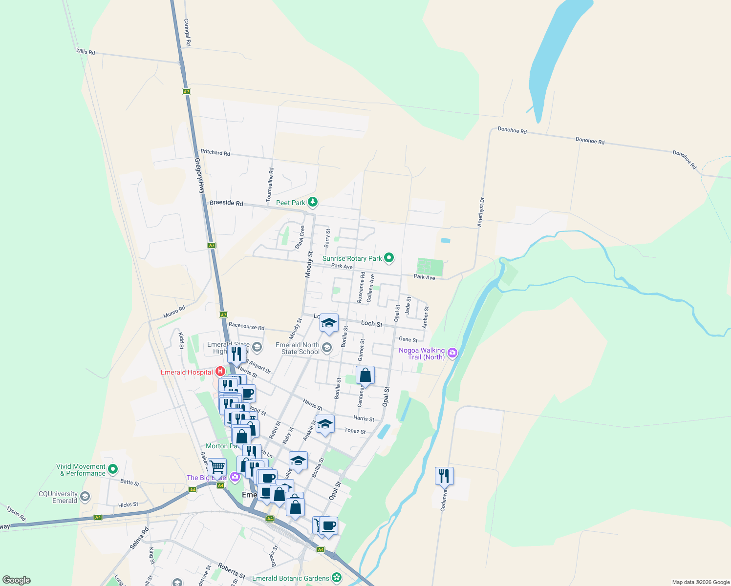 map of restaurants, bars, coffee shops, grocery stores, and more near 8 Roseanne Road in Emerald