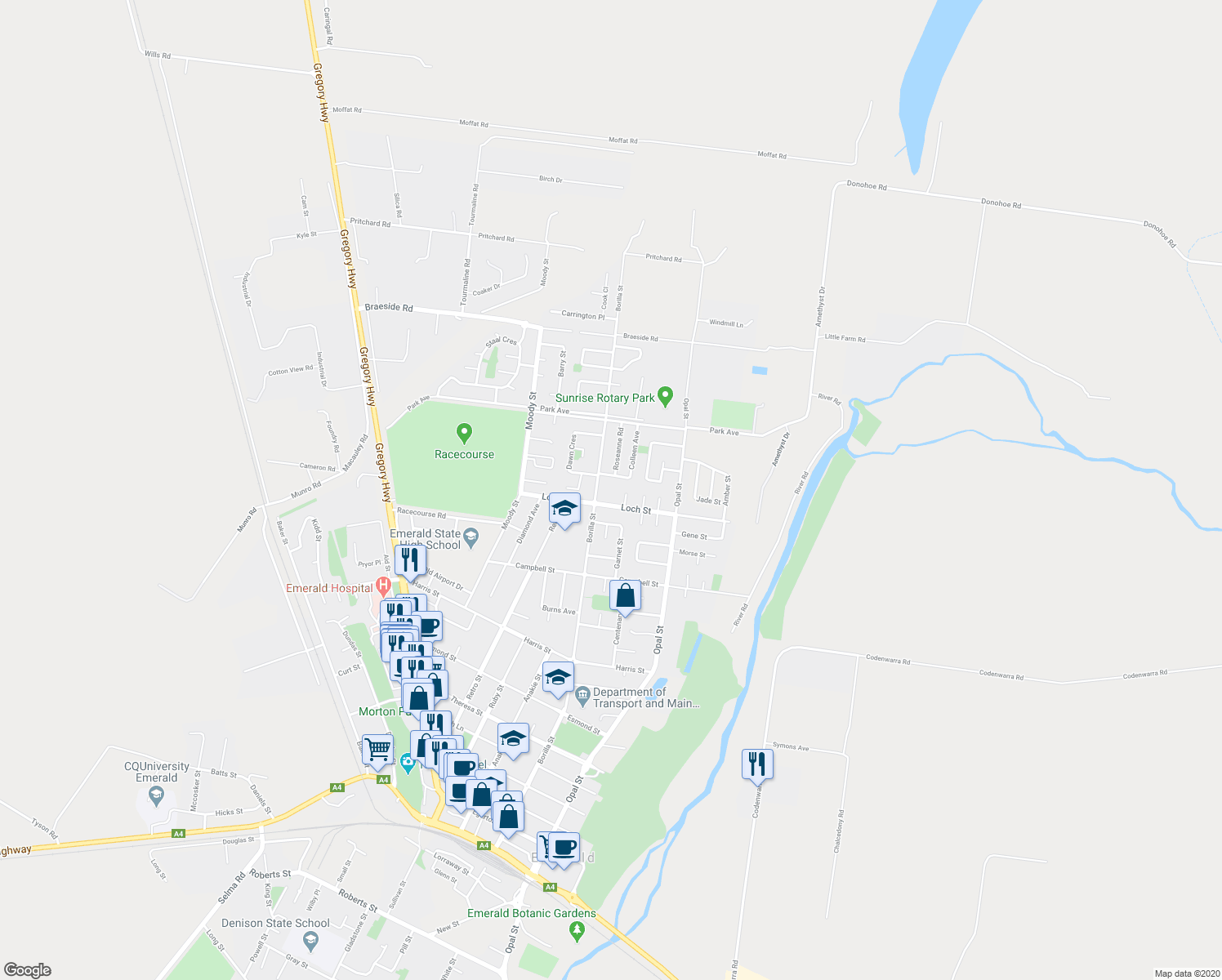 map of restaurants, bars, coffee shops, grocery stores, and more near 43 Loch Street in Emerald