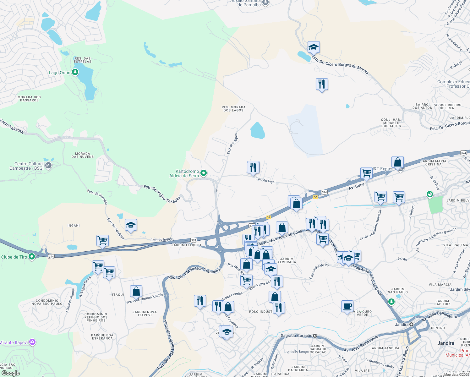 map of restaurants, bars, coffee shops, grocery stores, and more near 320 Estrada dos Alpes in Barueri