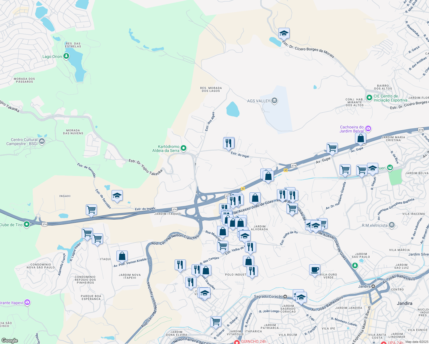 map of restaurants, bars, coffee shops, grocery stores, and more near 320 Estrada dos Alpes in Barueri